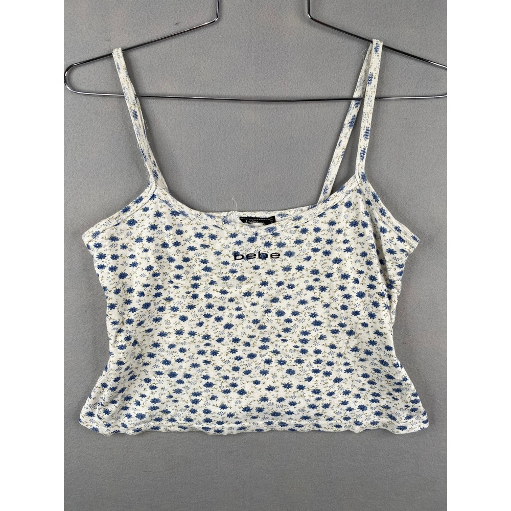 Bebe Blue Floral Ditsy Ribbed Cami Tank Top Embroidered Logo Y2K Style White